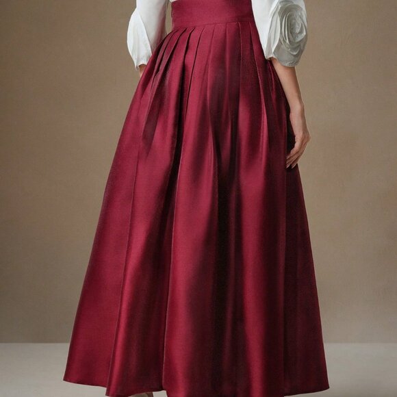 Burgundy Elegant Women's High Waisted Puff Princess Style Skirt Maxi - Picture 3 of 7